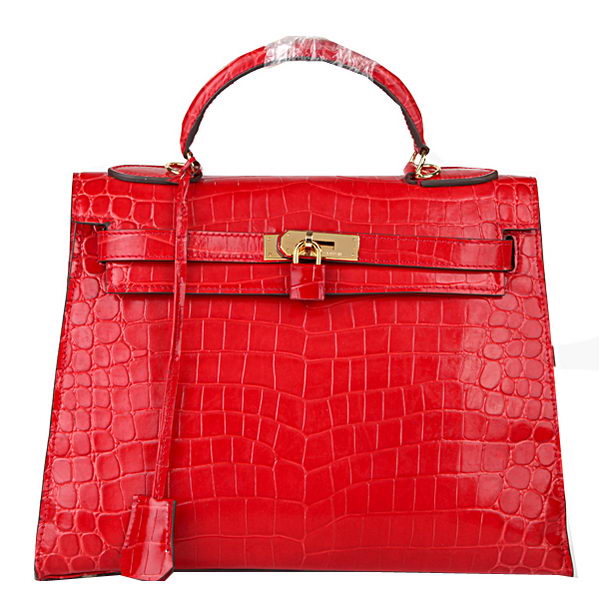 Hermes Kelly 32cm Shoulder Bags Red Iridescent Croco Leather Gold