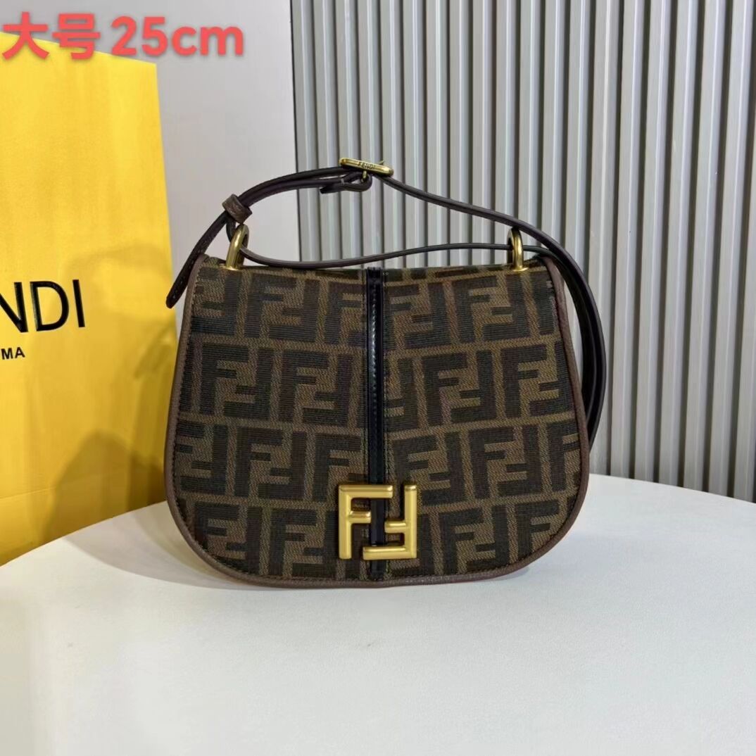 Fendi Cmon Medium Brown FF jacquard fabric and leather bag 8BT366 Fendi Cmon Medium Brown FF jacquard fabric and leather bag 8BT366