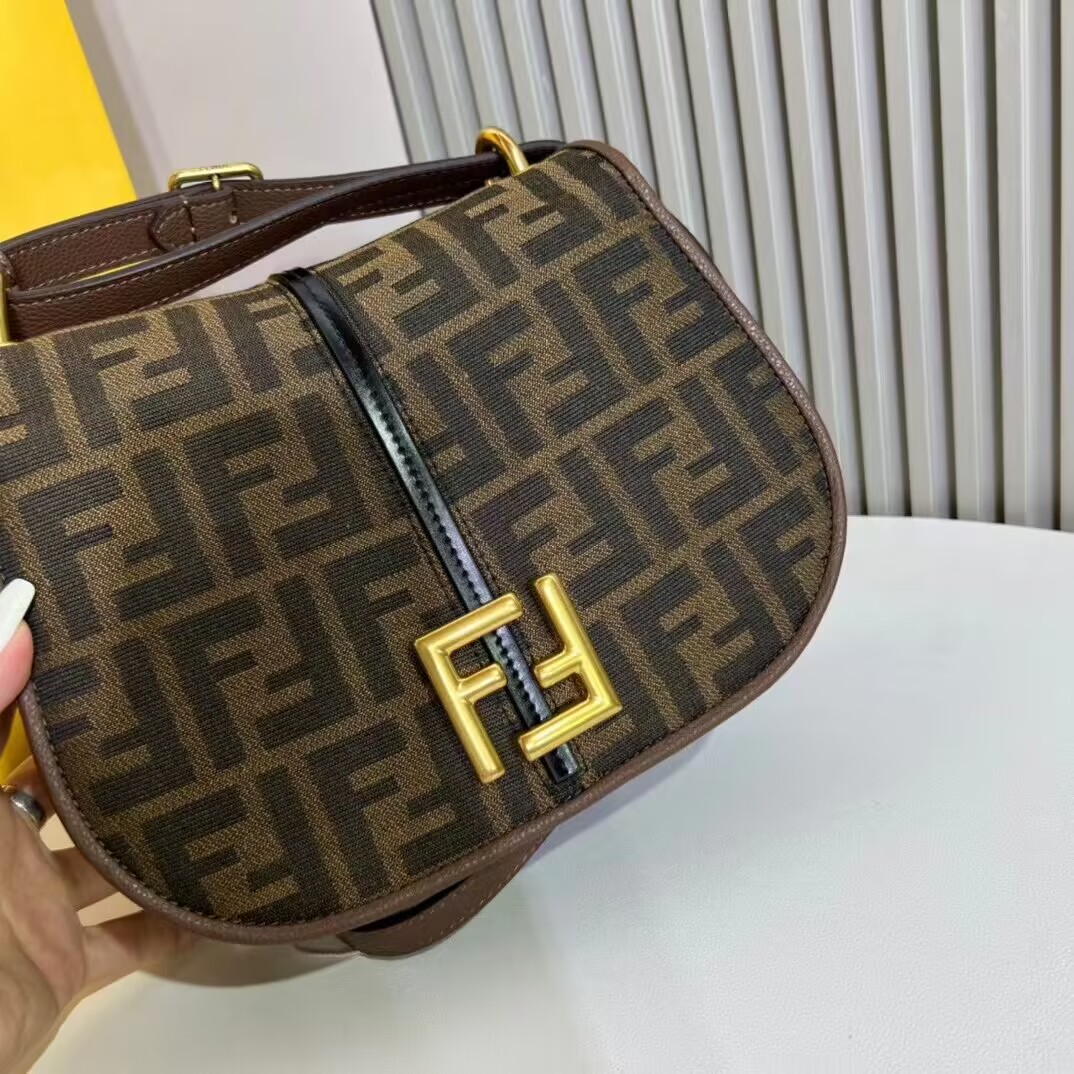 Fendi Cmon Medium Brown FF jacquard fabric and leather bag 8BT366 Fendi Cmon Medium Brown FF jacquard fabric and leather bag 8BT366