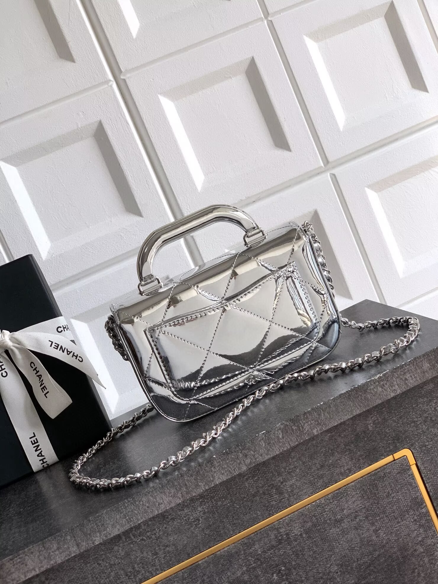 Chanel 25K Original Patent Leather Top Handle Bag A6320 Silver Chanel 25K Original Patent Leather Top Handle Bag A6320 Silver