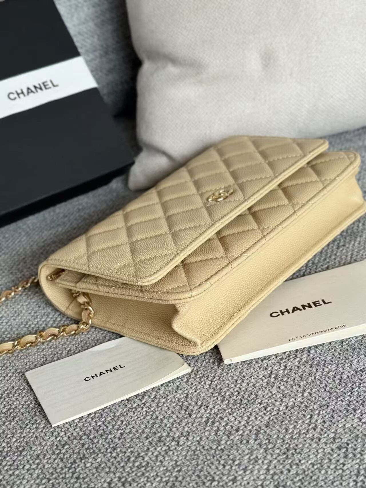 Chanel WOC Original Caviar Leather Flap cross-body bag CF33814 Beige Gold chain