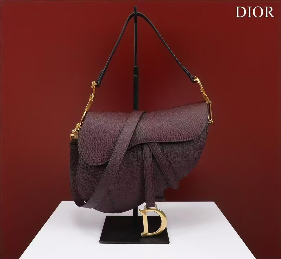 Dior SADDLE BAG WITH STRAP Latte Grained Calfskin M0455CBA Wine