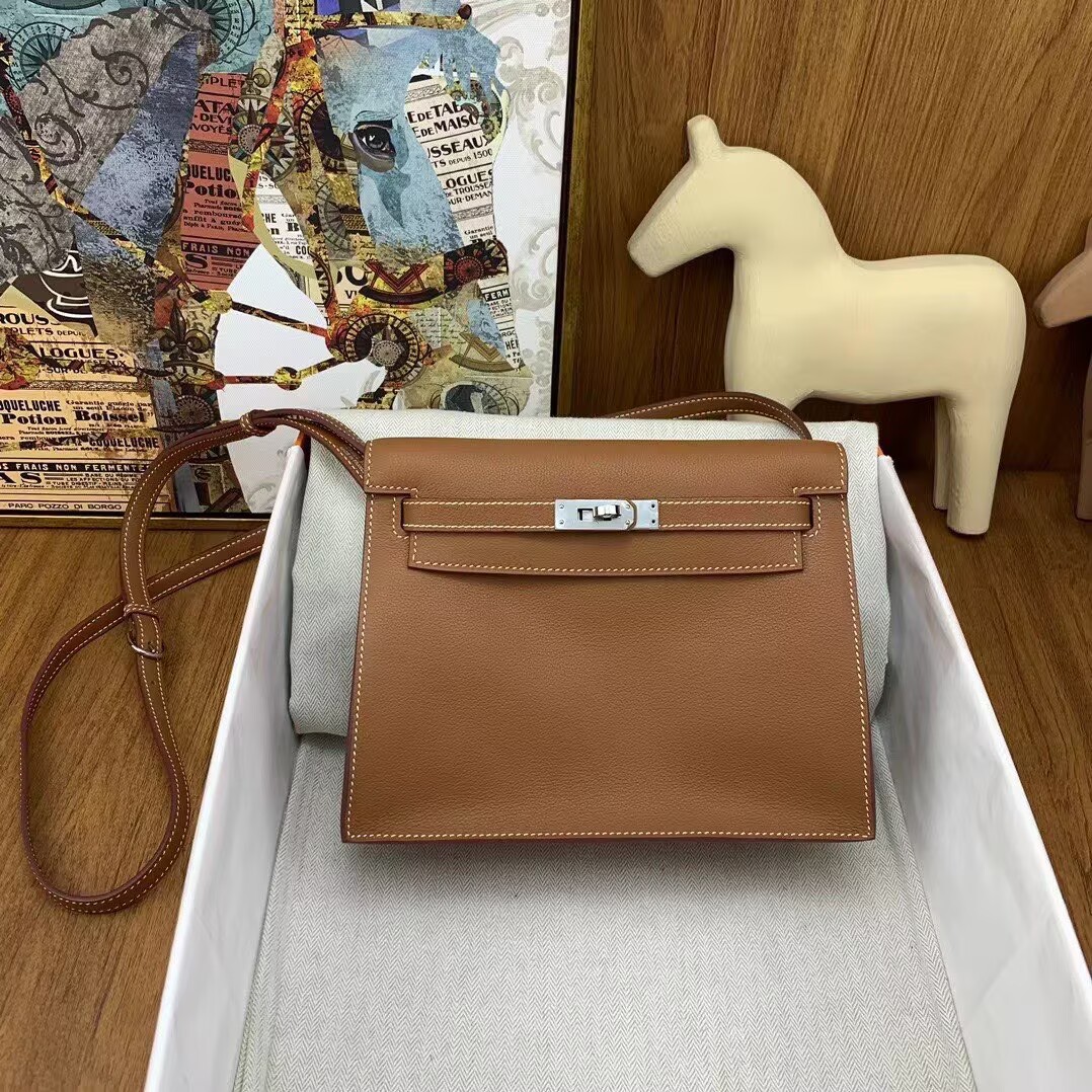Hermes Kelly Danse Original Evercolor Leather 22CM KL22 Brown Silver-Tone